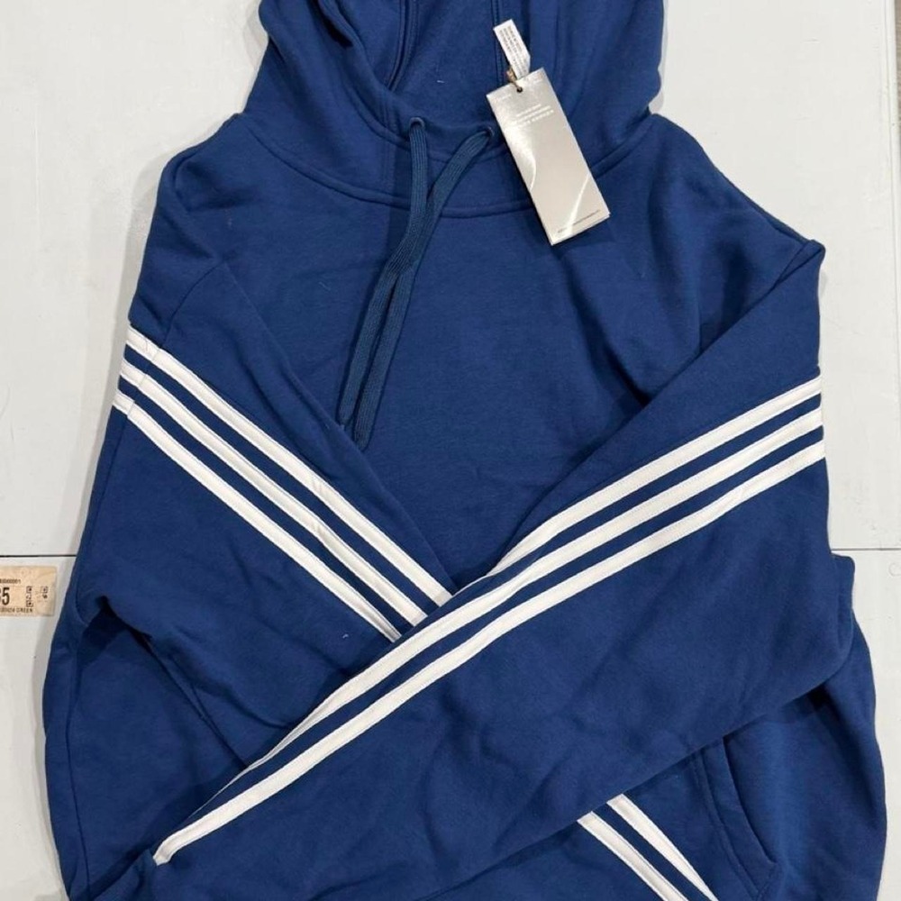 Adidas Womens 3 Stripe Pullover Hoodie Navy Blue White Size Medium NEW